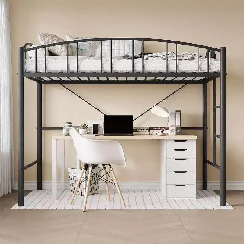 Lit mezzanine double avec escalier et garde-corps incurvé - Lattes métalliques robustes, gain de place, silencieux, pas besoin de sommier, idéal pour chambre d'enfant et dortoir, noir