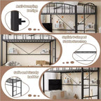Lit mezzanine double avec escalier et garde-corps incurvé - Lattes métalliques robustes, gain de place, silencieux, pas besoin de sommier, idéal pour chambre d'enfant et dortoir, noir