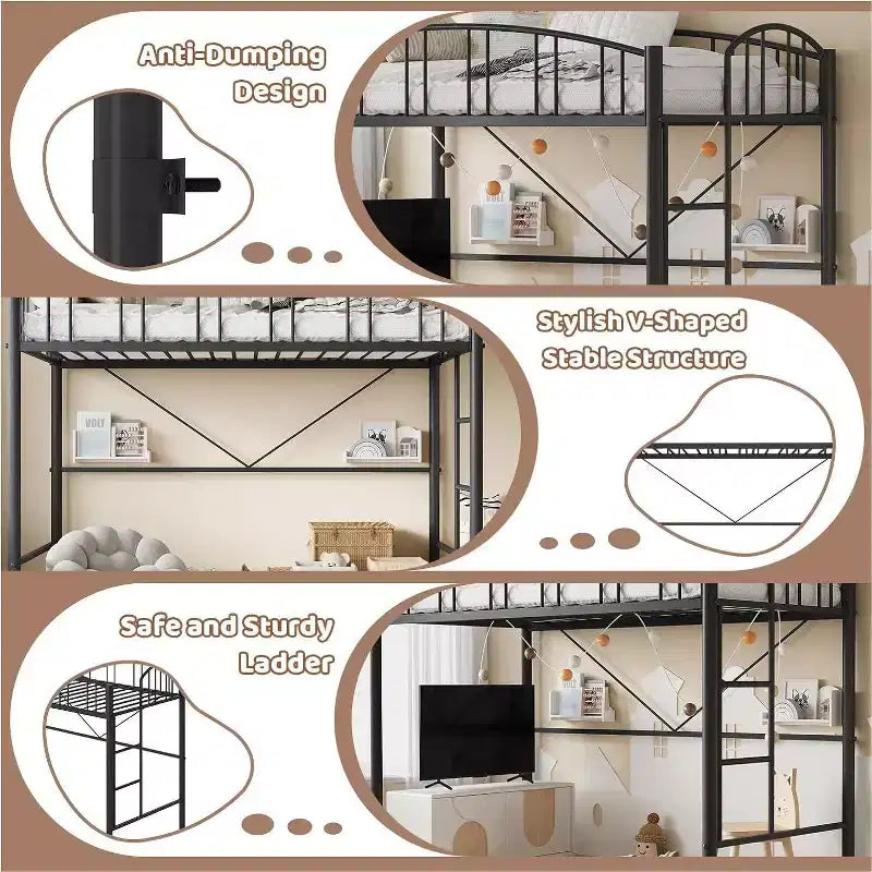 Lit mezzanine double avec escalier et garde-corps incurvé - Lattes métalliques robustes, gain de place, silencieux, pas besoin de sommier, idéal pour chambre d'enfant et dortoir, noir