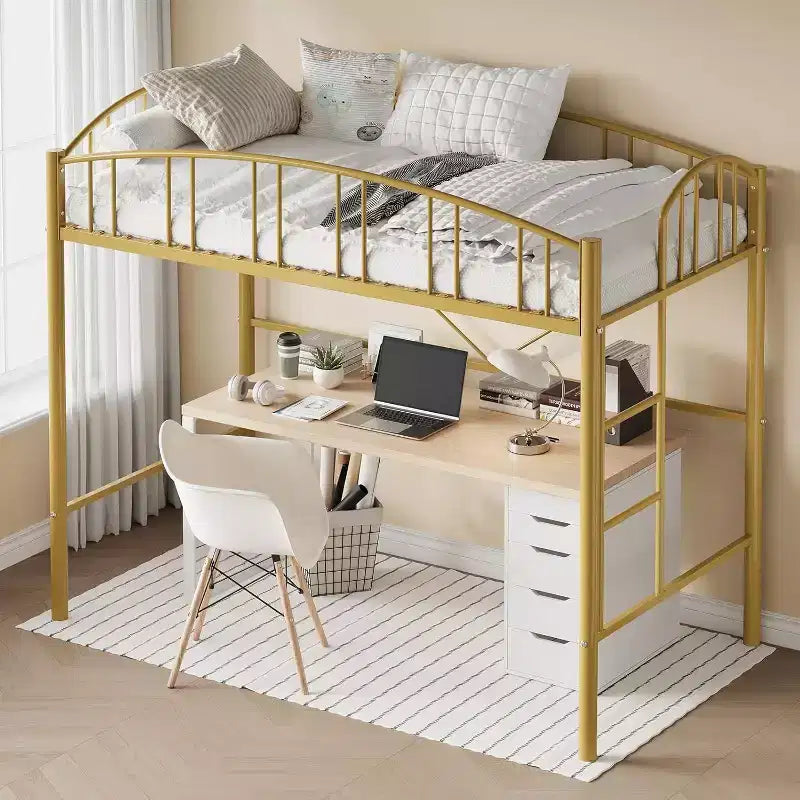 Lit mezzanine double avec escalier et garde-corps incurvé - Lattes métalliques robustes, gain de place, silencieux, pas besoin de sommier, idéal pour chambre d'enfant et dortoir, noir