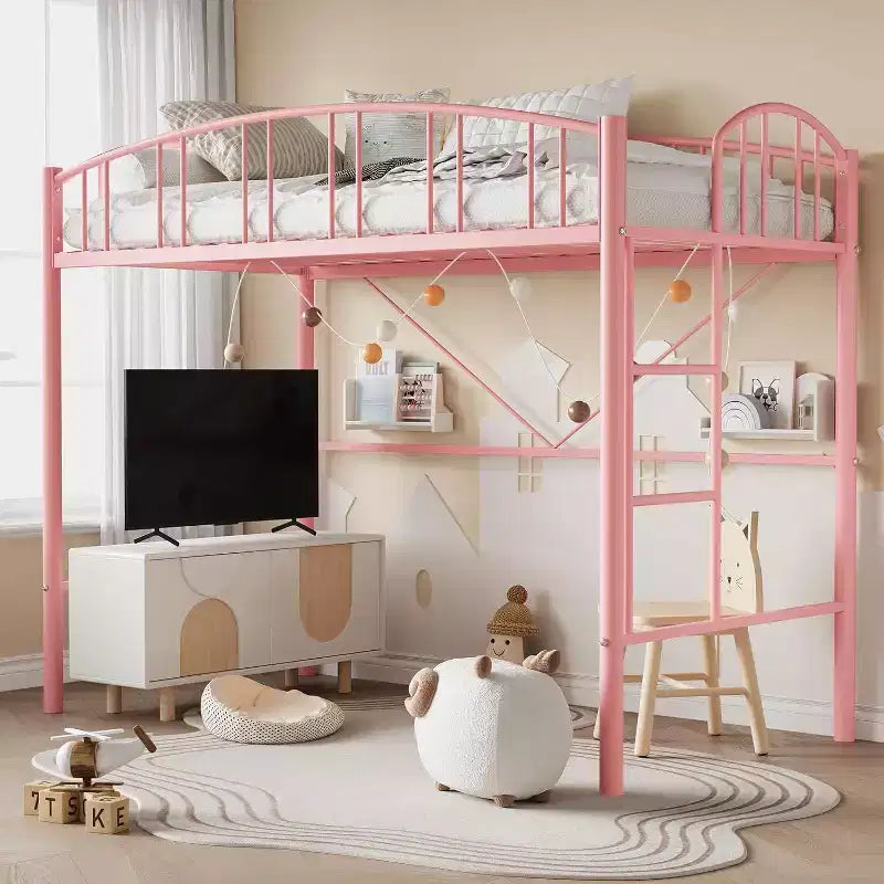 Lit mezzanine double avec escalier et garde-corps incurvé - Lattes métalliques robustes, gain de place, silencieux, pas besoin de sommier, idéal pour chambre d'enfant et dortoir, noir