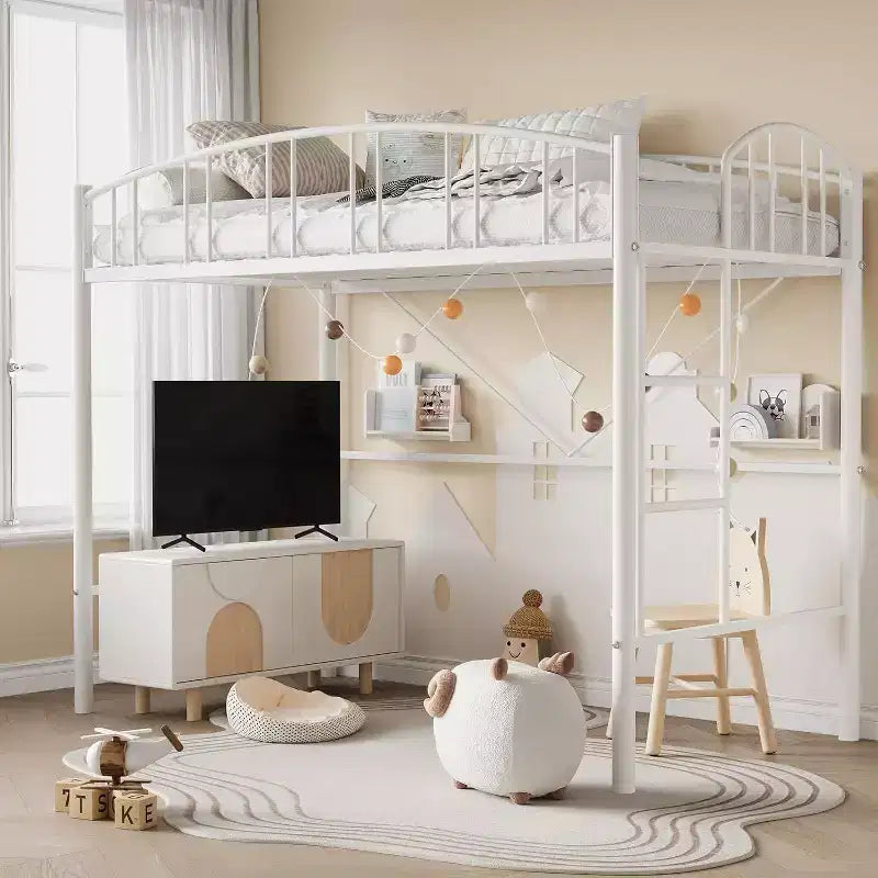 Lit mezzanine double avec escalier et garde-corps incurvé - Lattes métalliques robustes, gain de place, silencieux, pas besoin de sommier, idéal pour chambre d'enfant et dortoir, noir