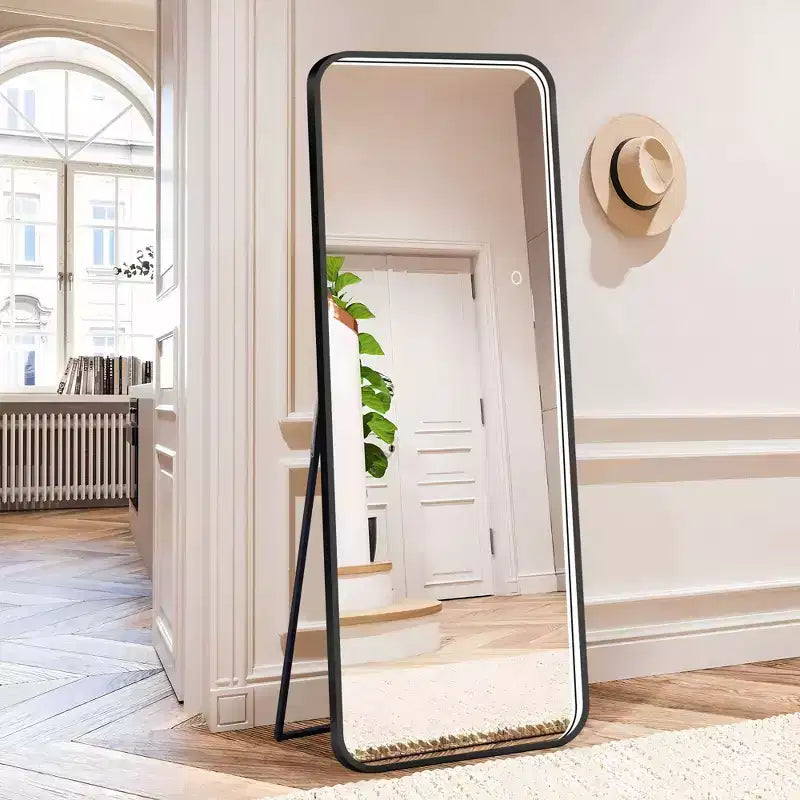 Okak 64*17in Miroir sur pied moderne à bords arrondis, Miroir psyché multifonction avec trou de suspension, Miroir mural pour dressing, salon