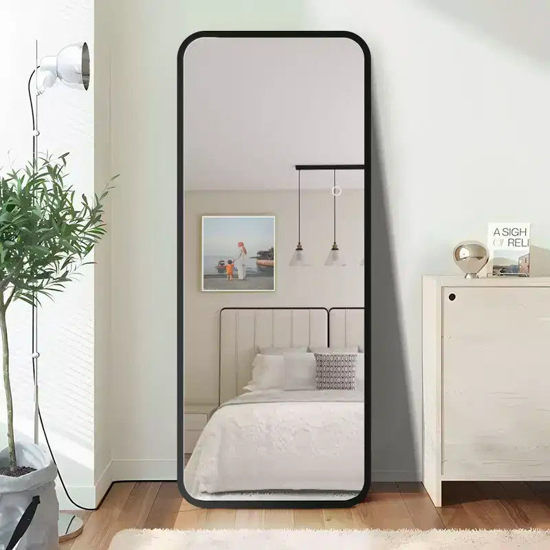 Okak 64*17in Miroir sur pied moderne à bords arrondis, Miroir psyché multifonction avec trou de suspension, Miroir mural pour dressing, salon