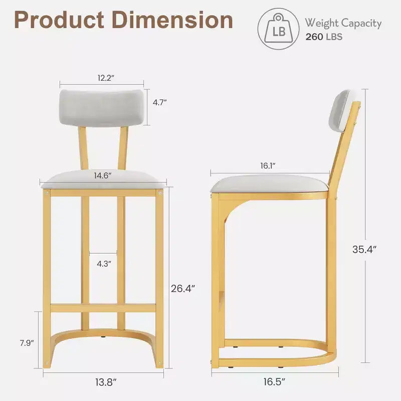 Lot de 2 chaises de bar avec dossier et pieds en métal, rembourrées, pour cuisine