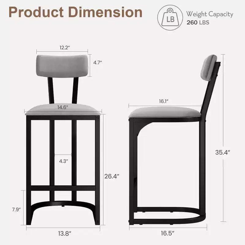 Lot de 2 chaises de bar avec dossier et pieds en métal, rembourrées, pour cuisine