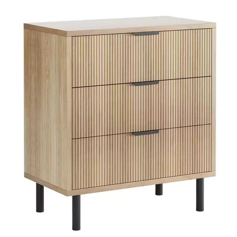 Commode 3 tiroirs cannelés, commode large en bois, commode de rangement moderne pour chambre à coucher et salon