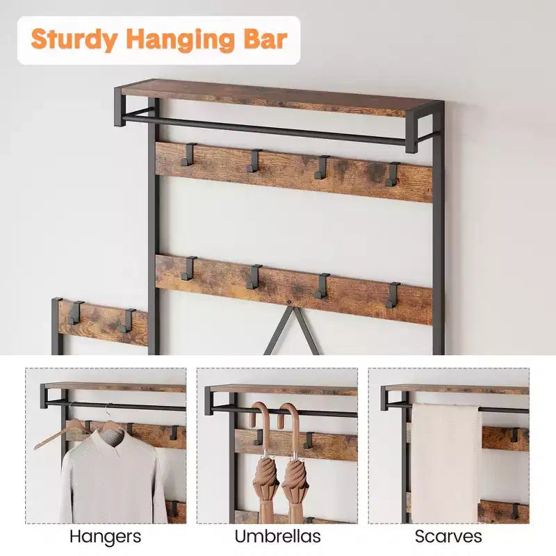 Meuble de rangement pour chaussures d'entrée avec banc, porte-manteau d'entrée avec 7 crochets et étagère de rangement, porte-manteau d'entrée pour couloir, buanderie, chambre