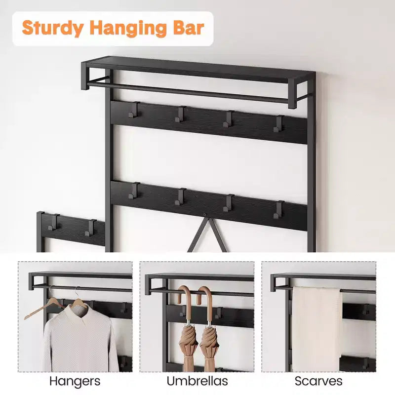 Meuble de rangement pour chaussures d'entrée avec banc, porte-manteau d'entrée avec 7 crochets et étagère de rangement, porte-manteau d'entrée pour couloir, buanderie, chambre