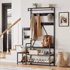 Meuble de rangement pour chaussures d'entrée avec banc, porte-manteau d'entrée avec 7 crochets et étagère de rangement, porte-manteau d'entrée pour couloir, buanderie, chambre