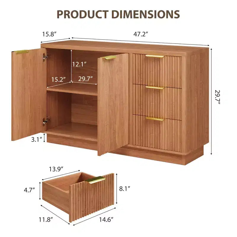 Commode à 6 tiroirs pour chambre à coucher, commode en bois de 120 cm de large avec poignées dorées, commode cannelée pour meuble TV, organisateur de rangement pour vêtements de chambre.