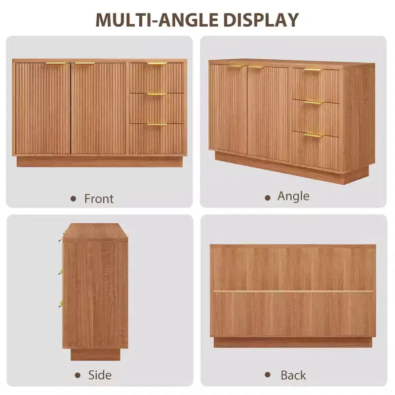Commode à 6 tiroirs pour chambre à coucher, commode en bois de 120 cm de large avec poignées dorées, commode cannelée pour meuble TV, organisateur de rangement pour vêtements de chambre.