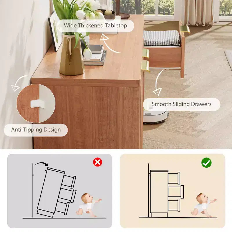 Commode à 6 tiroirs pour chambre à coucher, commode en bois de 120 cm de large avec poignées dorées, commode cannelée pour meuble TV, organisateur de rangement pour vêtements de chambre.