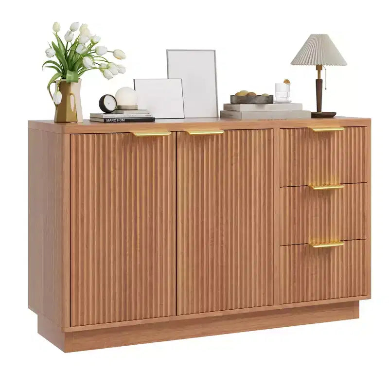 Commode à 6 tiroirs pour chambre à coucher, commode en bois de 120 cm de large avec poignées dorées, commode cannelée pour meuble TV, organisateur de rangement pour vêtements de chambre.