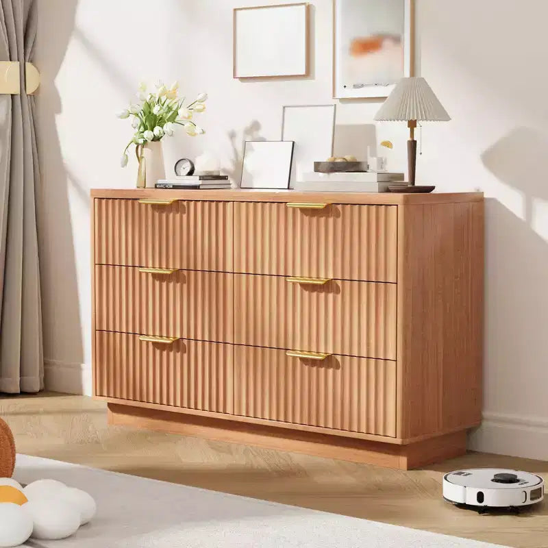Commode à 6 tiroirs pour chambre à coucher, commode en bois de 120 cm de large avec poignées dorées, commode cannelée pour meuble TV, organisateur de rangement pour vêtements de chambre.