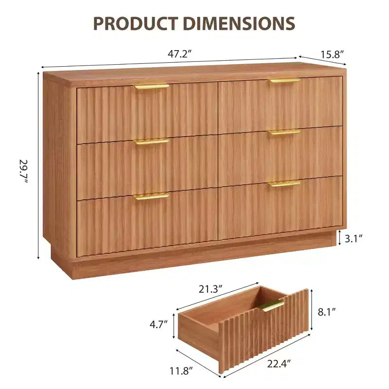 Commode à 6 tiroirs pour chambre à coucher, commode en bois de 120 cm de large avec poignées dorées, commode cannelée pour meuble TV, organisateur de rangement pour vêtements de chambre.