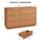 Commode à 6 tiroirs pour chambre à coucher, commode en bois de 120 cm de large avec poignées dorées, commode cannelée pour meuble TV, organisateur de rangement pour vêtements de chambre.