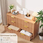 Commode à 6 tiroirs pour chambre à coucher, commode en bois de 120 cm de large avec poignées dorées, commode cannelée pour meuble TV, organisateur de rangement pour vêtements de chambre.