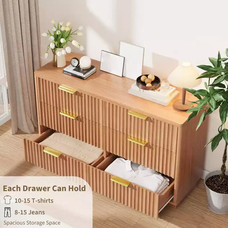 Commode à 6 tiroirs pour chambre à coucher, commode en bois de 120 cm de large avec poignées dorées, commode cannelée pour meuble TV, organisateur de rangement pour vêtements de chambre.