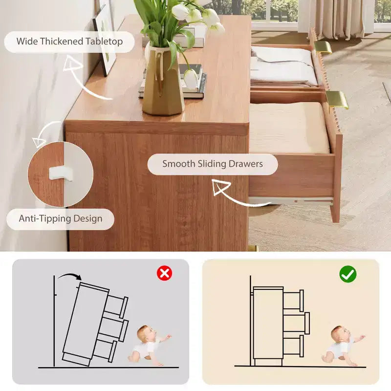 Commode à 6 tiroirs pour chambre à coucher, commode en bois de 120 cm de large avec poignées dorées, commode cannelée pour meuble TV, organisateur de rangement pour vêtements de chambre.