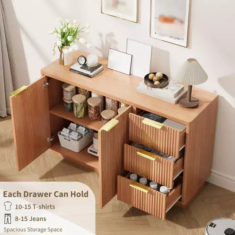 Commode à 6 tiroirs pour chambre à coucher, commode en bois de 120 cm de large avec poignées dorées, commode cannelée pour meuble TV, organisateur de rangement pour vêtements de chambre.