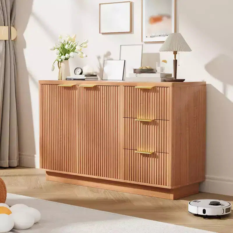 Commode à 6 tiroirs pour chambre à coucher, commode en bois de 120 cm de large avec poignées dorées, commode cannelée pour meuble TV, organisateur de rangement pour vêtements de chambre.