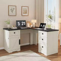 COZONY 60 White L Shaped Executive Desk, Farmhouse Home Office Corner Computer Desk with File Drawers & Storage Cabinet