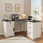 COZONY 60 White L Shaped Executive Desk, Farmhouse Home Office Corner Computer Desk with File Drawers & Storage Cabinet