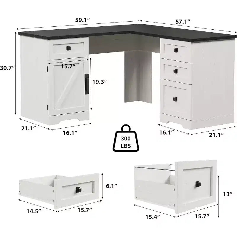 COZONY Bureau de Direction en L Blanc de 60 Pouces, Bureau d'Angle d'Ordinateur de Bureau à Domicile de Style Ferme avec Tiroirs Classeurs et Armoire de Rangement