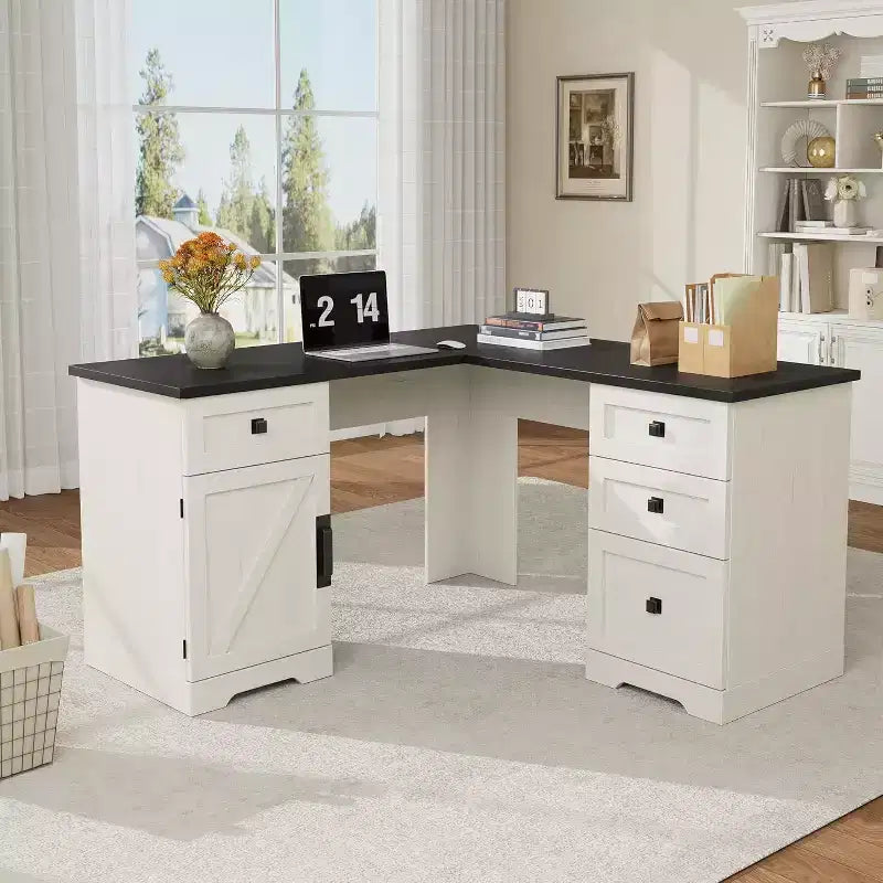 COZONY Bureau de Direction en L Blanc de 60 Pouces, Bureau d'Angle d'Ordinateur de Bureau à Domicile de Style Ferme avec Tiroirs Classeurs et Armoire de Rangement