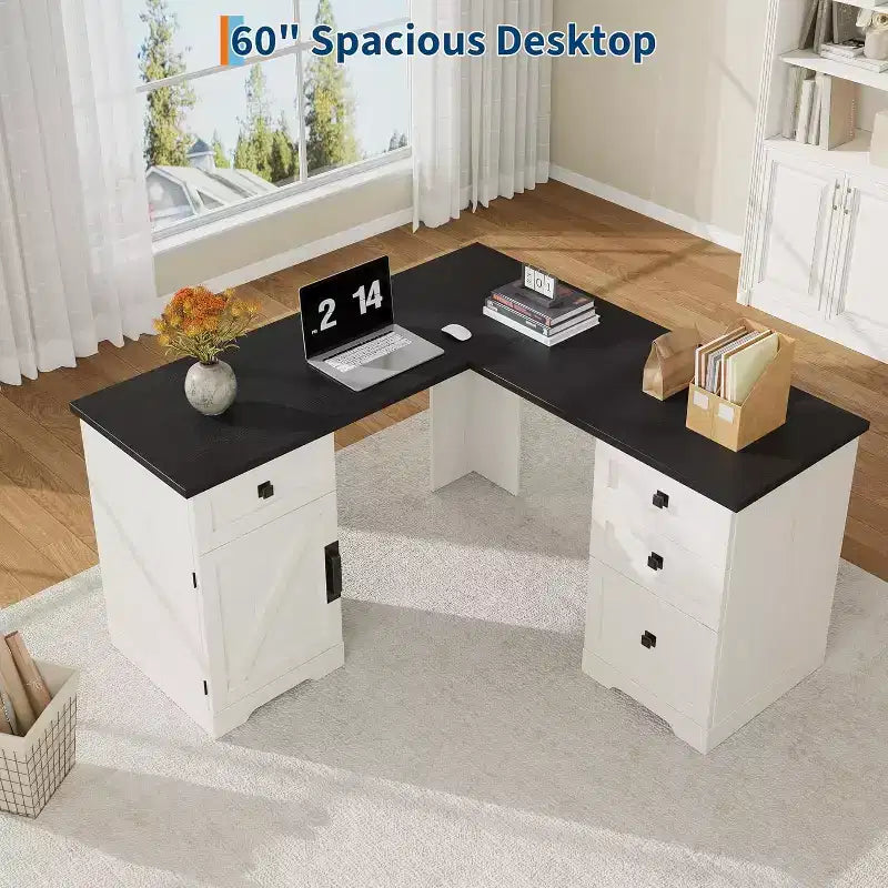 COZONY Bureau de Direction en L Blanc de 60 Pouces, Bureau d'Angle d'Ordinateur de Bureau à Domicile de Style Ferme avec Tiroirs Classeurs et Armoire de Rangement