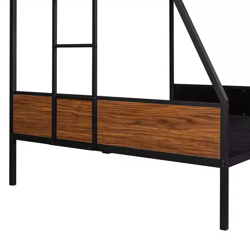 Lit superposé en métal double sur intégral avec motif grain de bois, Cadre de lits superposés en métal avec rail de sécurité pour enfants et adultes, Marron