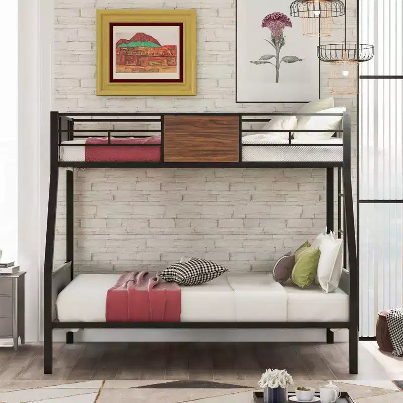 Lit superposé en métal double sur intégral avec motif grain de bois, Cadre de lits superposés en métal avec rail de sécurité pour enfants et adultes, Marron