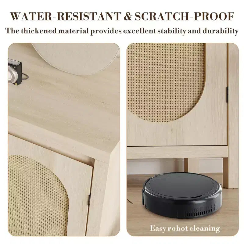 Bahut moderne - Meuble de rangement en rotin avec étagères et portes réglables, petite console de style bohème