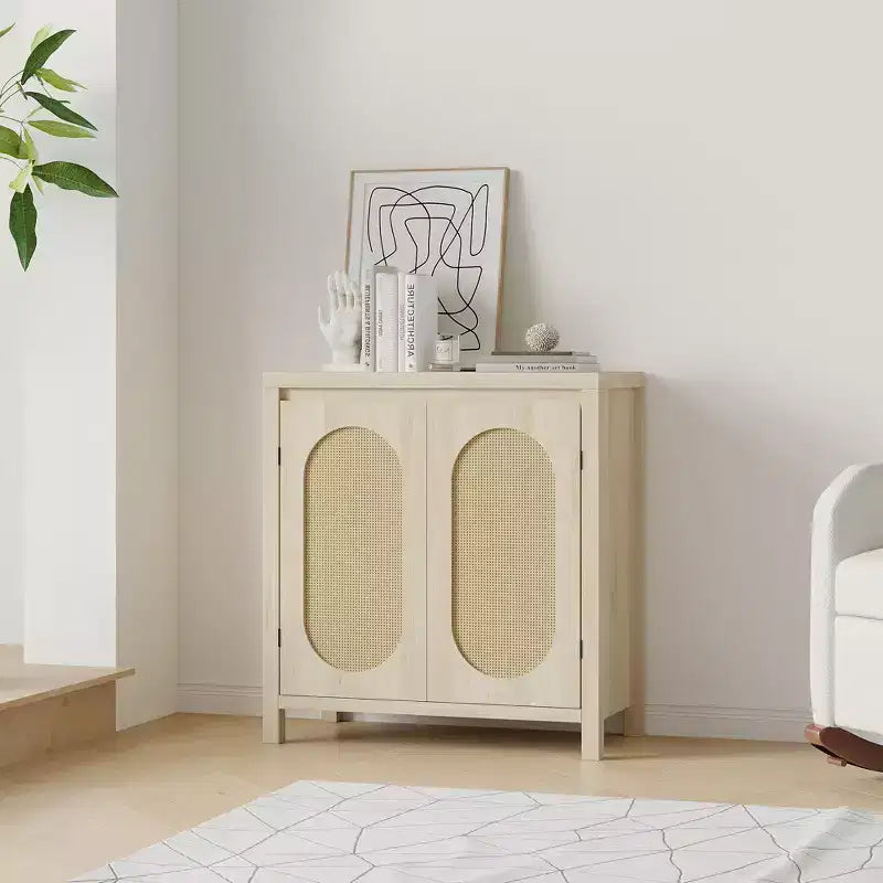 Bahut moderne - Meuble de rangement en rotin avec étagères et portes réglables, petite console de style bohème