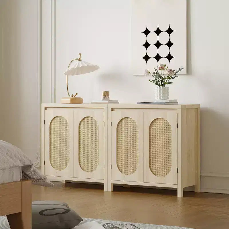 Bahut moderne - Meuble de rangement en rotin avec étagères et portes réglables, petite console de style bohème
