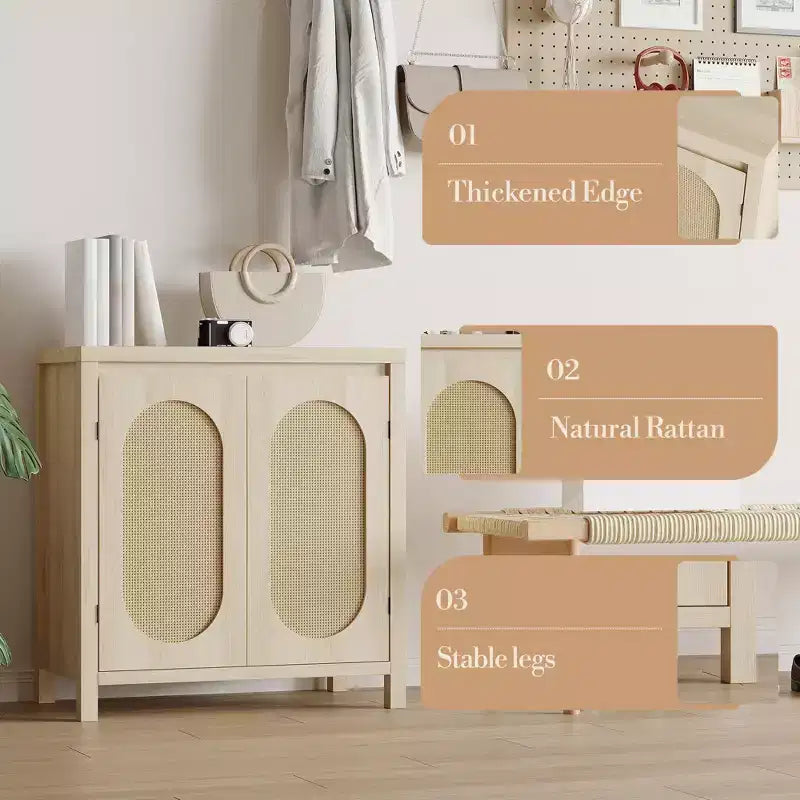 Bahut moderne - Meuble de rangement en rotin avec étagères et portes réglables, petite console de style bohème