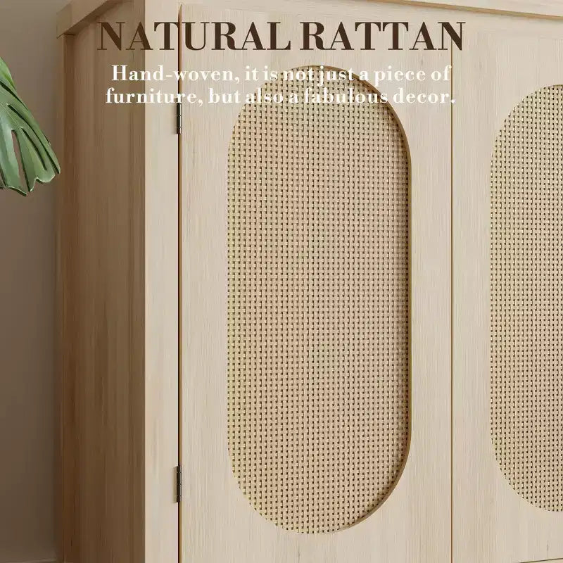 Bahut moderne - Meuble de rangement en rotin avec étagères et portes réglables, petite console de style bohème
