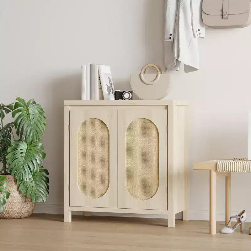 Bahut moderne - Meuble de rangement en rotin avec étagères et portes réglables, petite console de style bohème