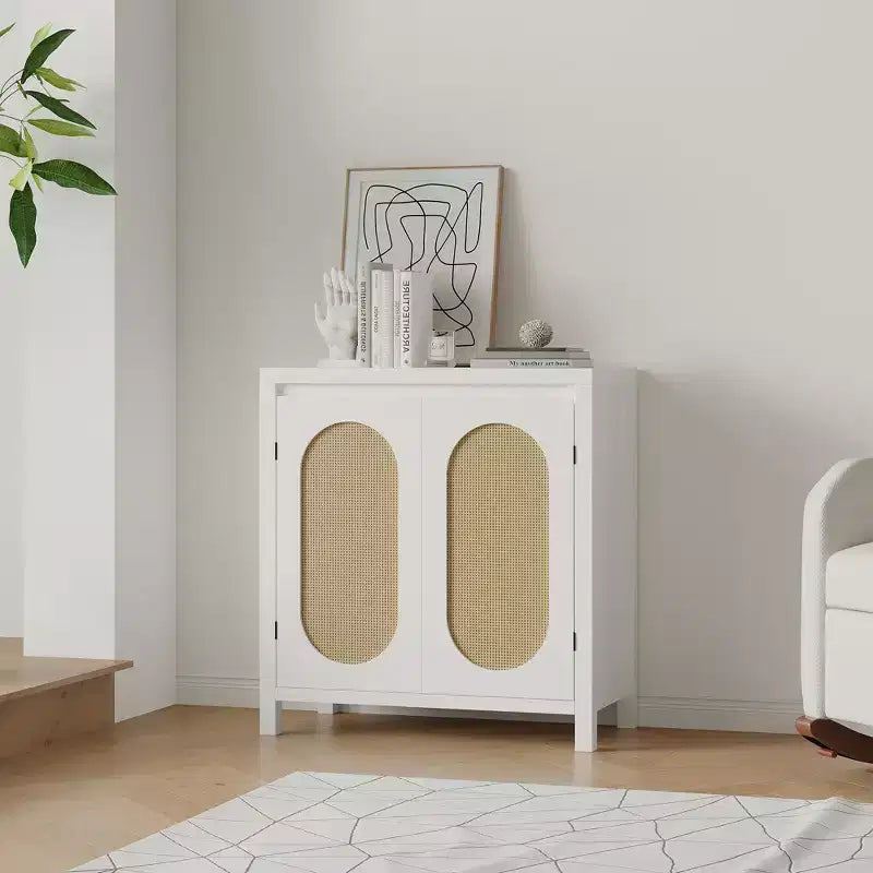 Bahut moderne - Meuble de rangement en rotin avec étagères et portes réglables, petite console de style bohème