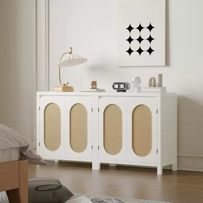 Bahut moderne - Meuble de rangement en rotin avec étagères et portes réglables, petite console de style bohème