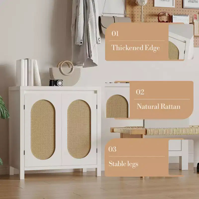 Bahut moderne - Meuble de rangement en rotin avec étagères et portes réglables, petite console de style bohème