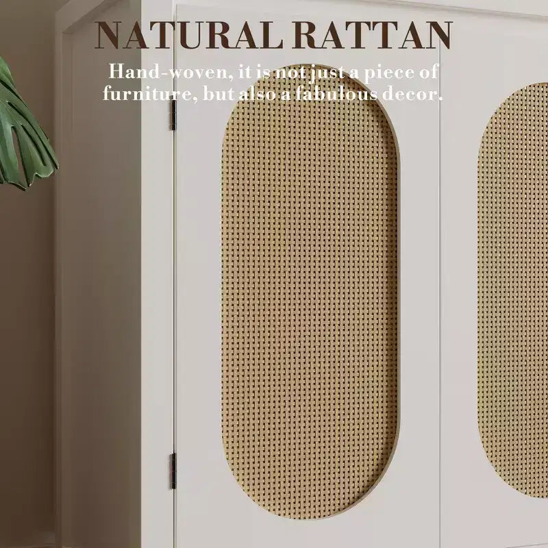 Bahut moderne - Meuble de rangement en rotin avec étagères et portes réglables, petite console de style bohème