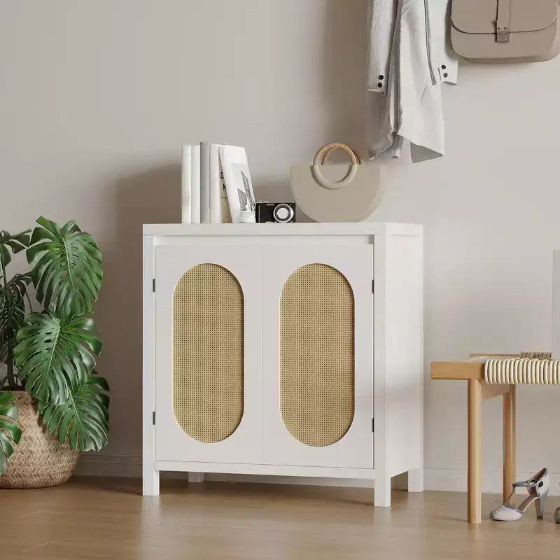 Bahut moderne - Meuble de rangement en rotin avec étagères et portes réglables, petite console de style bohème