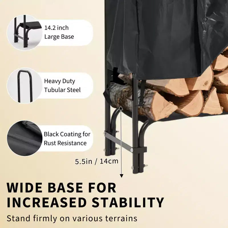 Support de bûches de 2,4 m pour l'extérieur et l'intérieur, Organisateur de bois de chauffage robuste avec housse résistante aux intempéries, Rangement en treillis d'acier pour cheminée, patio