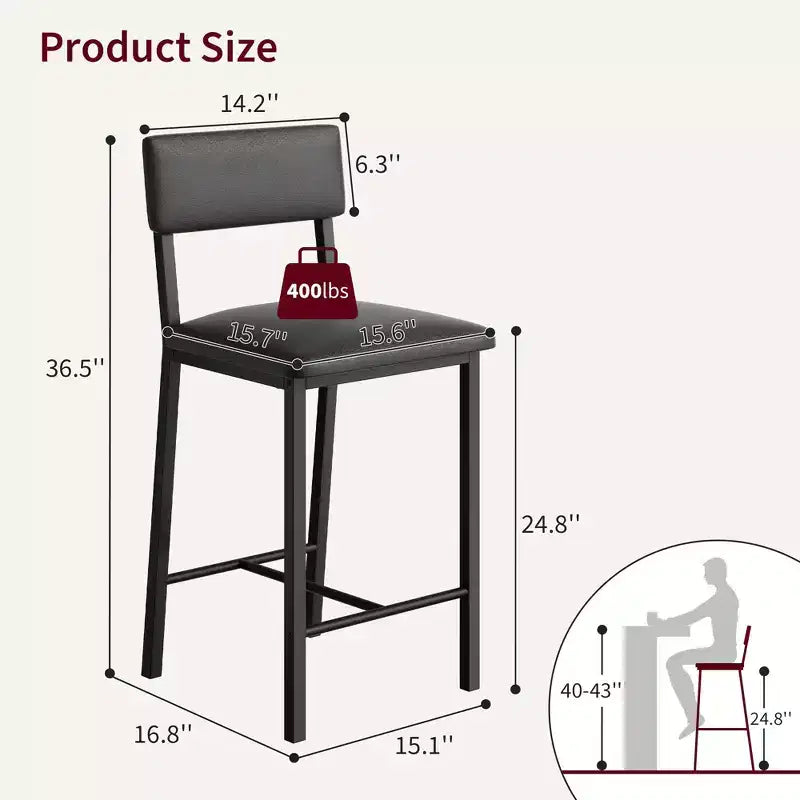 Lot de 4 tabourets de bar TruAIR – Tabourets de hauteur comptoir avec dossier et pieds en métal pour îlot de cuisine/bar