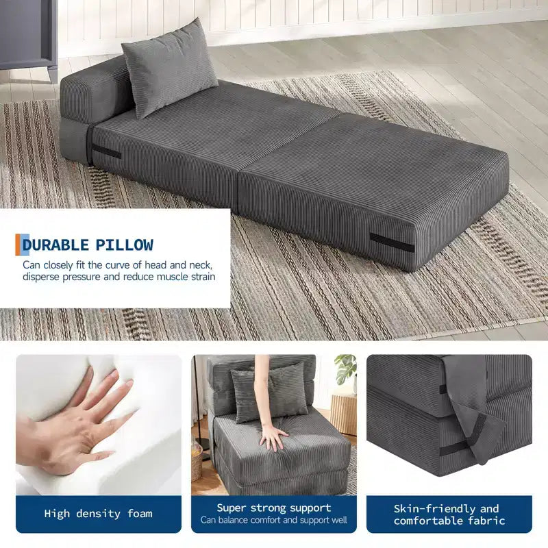 Canapé-lit pliant convertible 4-en-1 GustoWave - Chaise longue avec oreiller, canapé de sol et futon moderne en velours côtelé, gris foncé