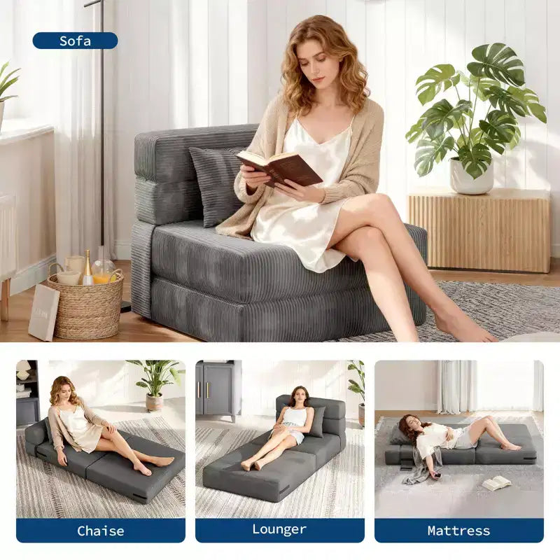 Canapé-lit pliant convertible 4-en-1 GustoWave - Chaise longue avec oreiller, canapé de sol et futon moderne en velours côtelé, gris foncé