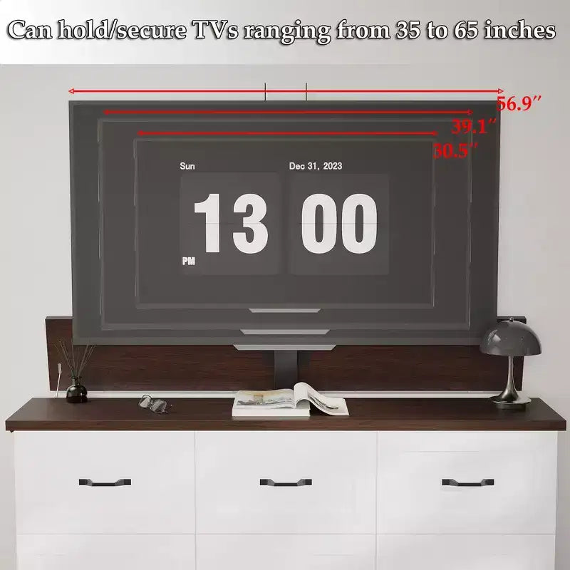 Meuble TV de jeu électrique à 9 tiroirs Famapy, support TV réglable en hauteur, centre de divertissement avec 2 prises de courant/unité de rangement TV à plateau divisé pour les soirées de jeu