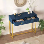 Table d'entrée moderne Okak avec pieds dorés, console étroite avec 2 tiroirs et motif à rayures, table d'appoint pour salon, couloir